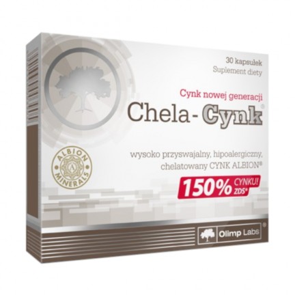 Box of Olimp Labs Chela-Cynk zinc supplement capsules, with Albion Minerals branding, highlighting 150% of the daily value of zinc, for immune and overall health support.