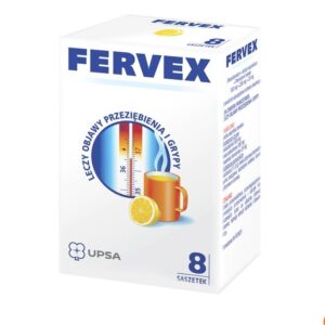 Box of Fervex cold and flu remedy with 8 sachets, featuring a thermometer and a steaming cup with a lemon slice, indicating its use for treating cold and flu symptoms.