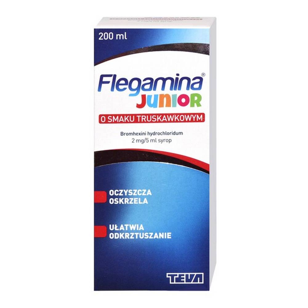 200ml bottle of Flegamina Junior Strawberry-Flavored Expectorant Syrup. The package highlights the active ingredient Bromhexini hydrochloridum at 2mg per 5ml dosage, indicating its use for clearing the bronchi and easing coughs in children. It specifies a strawberry taste and is manufactured by TEVA Pharmaceuticals Polska.