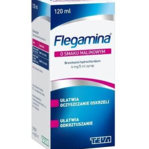 Box of Flegamina Classic syrup in raspberry flavor, a mucolytic medication aiding in the thinning and removal of bronchial secretions.