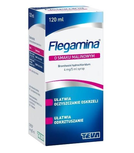 Box of Flegamina Classic syrup in raspberry flavor, a mucolytic medication aiding in the thinning and removal of bronchial secretions.