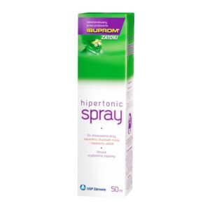 The image shows a box of Ibuprom Zatoki Hipertonic Spray, a nasal spray recommended by the producer of Ibuprom. The packaging features a green and white color scheme with purple text. The top of the box has a purple label stating "recommended by the producer of Ibuprom" along with the Ibuprom logo. Below this, there is an image of a human face highlighting the sinus area, indicating the product's use for sinus issues. The main text on the box reads "hipertonic spray" in large purple letters. Further down, in smaller text, it states that the spray is for use in the treatment of nasal mucosa inflammation and sinusitis, and it helps to remove inflammatory secretions. The text on the box is in Polish.