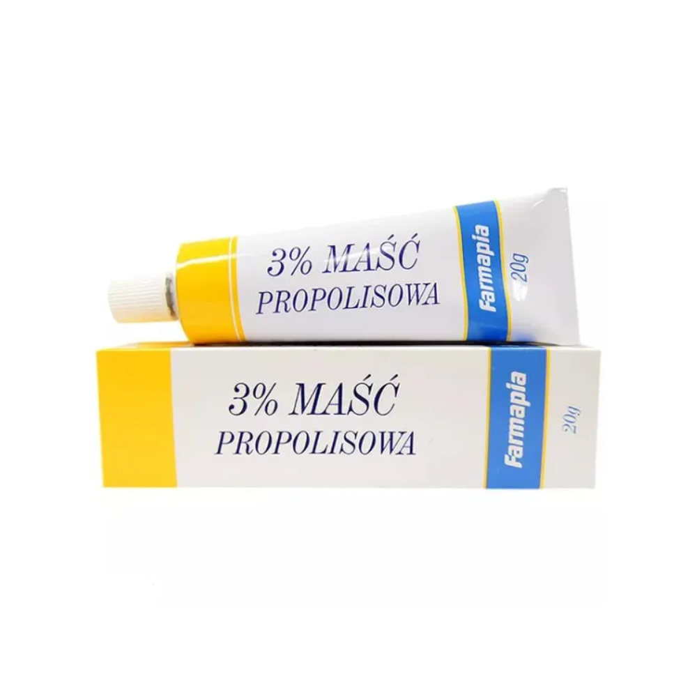 Tube and box of 3% Propolis Ointment with branding and product information.