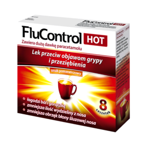 The image shows a box of FluControl HOT, a medication designed to relieve symptoms of flu and cold. The packaging is primarily red with white and yellow accents. The top of the box has the FluControl logo, and next to it, a red label indicating it is the HOT variant. The text on the box mentions that it contains a high dose of paracetamol. Below, in white text, it states that the medication is for treating flu and cold symptoms, with an orange flavor ("smak pomarańczowy"). There is an illustration of a steaming orange drink in a red cup. The box contains 8 sachets. The benefits listed include relief from pain and fever, reduction of nasal secretion, and decreased swelling of the nasal mucosa. The text on the box is in Polish.