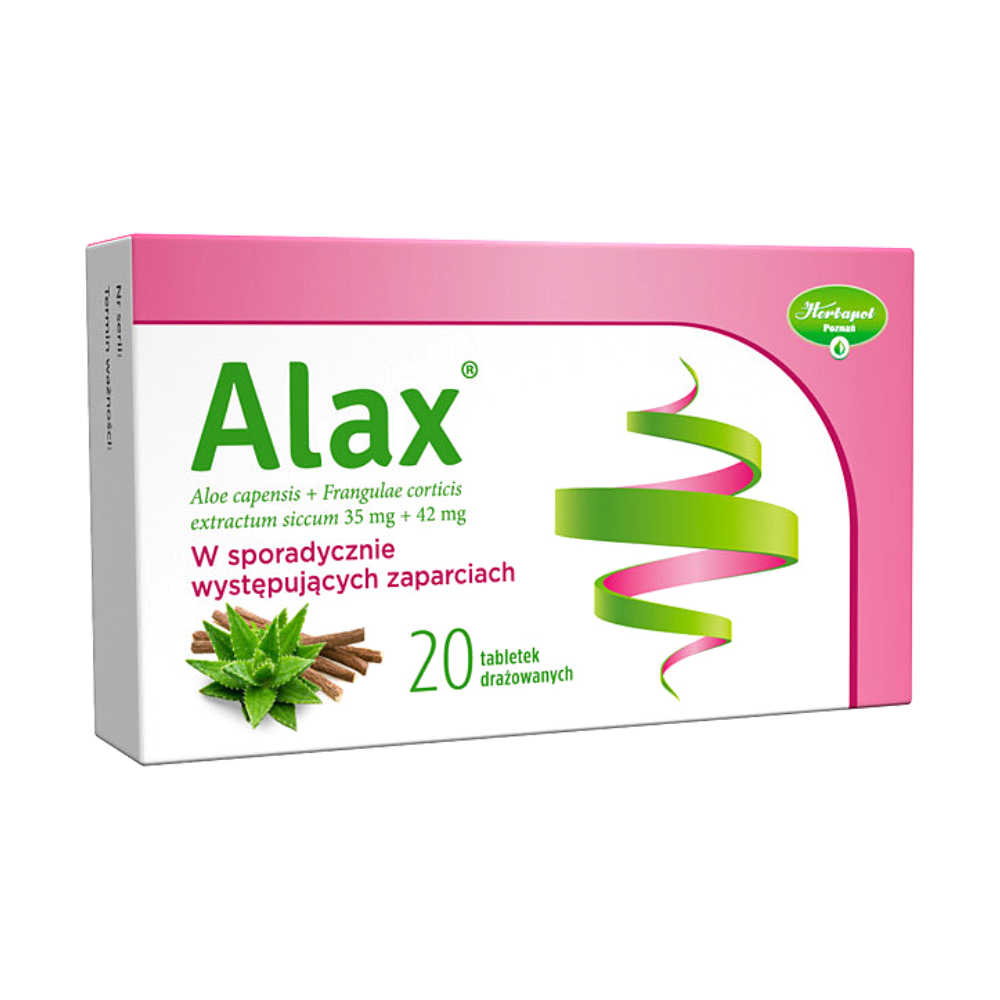 Packaging of Alax tablets, which contains 20 coated tablets for occasional constipation relief. The box is predominantly white with a bright pink top and features a green swirl design symbolizing relief. The main ingredients, Aloe capensis and Frangulae corticis extract, are highlighted on the front, emphasizing the natural composition of the product.