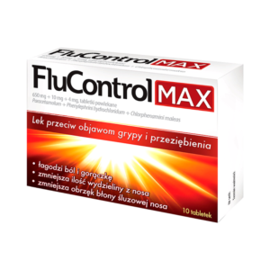 The image shows a box of FluControl MAX, a medication designed to relieve symptoms of flu and cold. The packaging is primarily white with red and orange accents. The top of the box features the FluControl logo, and next to it, a red label indicating it is the MAX variant. The text mentions the active ingredients: paracetamol, phenylephrine hydrochloride, and chlorphenamine maleate. Below, in white text on a red background, it states that the medication is for treating flu and cold symptoms. There is a bright, radiant illustration suggesting the product's effectiveness. The box contains 10 coated tablets. The benefits listed include relief from pain and fever, reduction of nasal secretion, and decreased swelling of the nasal mucosa. The text on the box is in Polish.