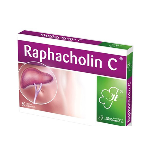 Box of Raphacholin C herbal medicine, 30 dragée tablets by Herbapol, for supporting healthy liver function and aiding in digestive issues such as dyspepsia and constipation, featuring active ingredients like Spanish radish extract, artichoke herb extract, dehydrocholic acid, and peppermint oil.