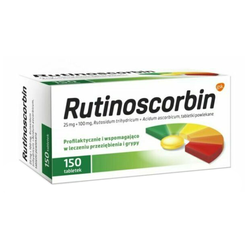 A box of Rutinoscorbin tablets, predominantly white with green and yellow accents. The packaging prominently features the product name 'Rutinoscorbin' in bold green letters. It states the active ingredients as 25 mg of rutin and 100 mg of ascorbic acid per tablet. The box highlights its use in the prevention and supportive treatment of cold and flu symptoms, containing 150 coated tablets. A graphic on the side displays multicolored blocks transitioning into a shining yellow pill, symbolizing the product's effectiveness.