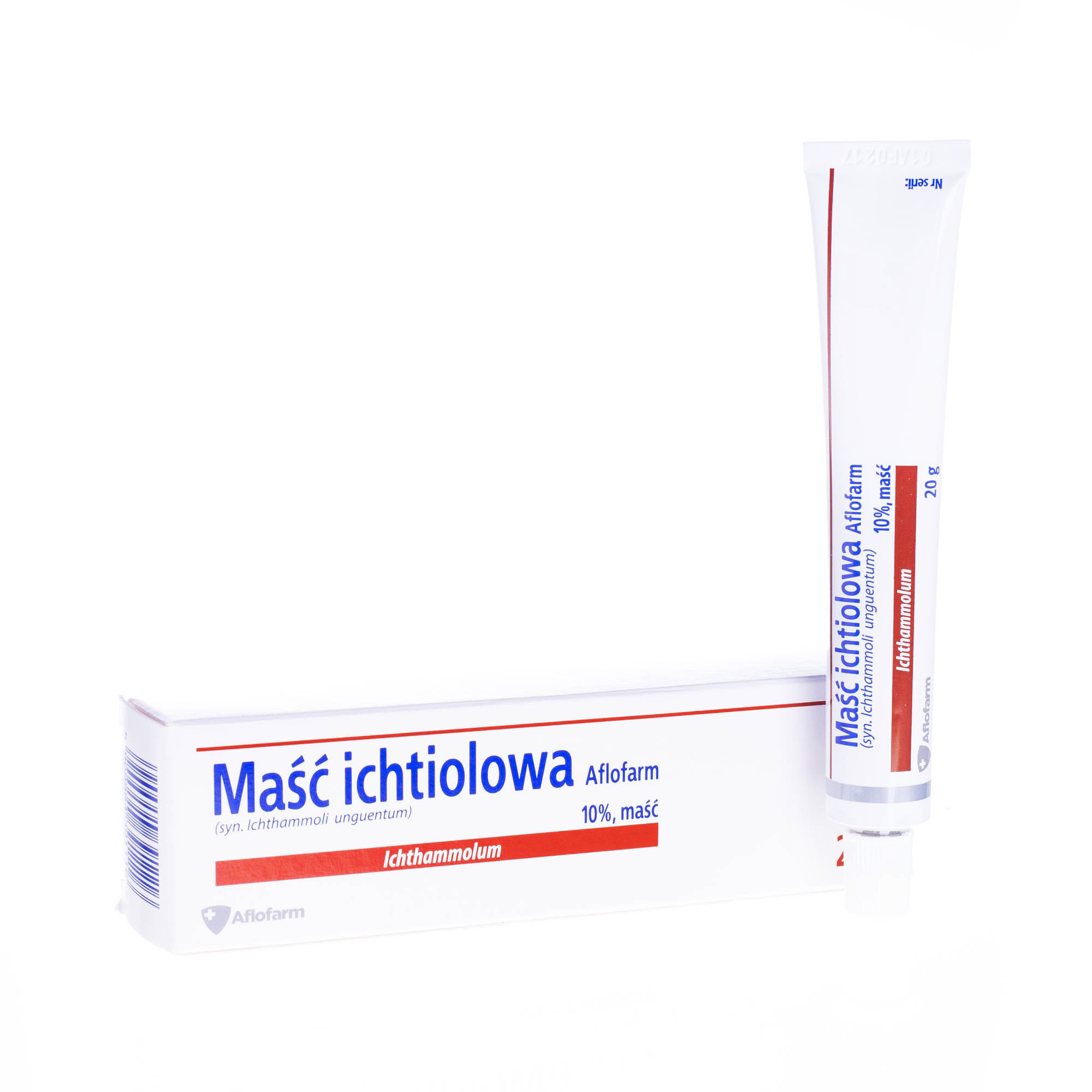 "Packaging and tube of Maść ichtiolowa from Aflofarm, containing 10% ichthammol. The packaging is predominantly white with blue and red accents. It displays the product name prominently along with the brand name Aflofarm and specifies the contents as 'Ichthammol 10%, ointment'. The tube is shown lying in front of the box, with a red stripe running vertically on the side, indicating the tube capacity of 20 grams.