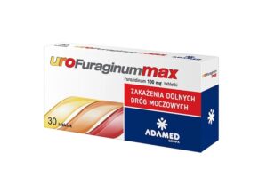 Product packaging for UroFuraginum Max by Adamed Group. The box is predominantly white with red and blue accents. It displays the text 'Furazidinum 100 mg, tabletki' for the active ingredient and dosage, and 'ZAKAŻENIA DOLNYCH DRÓG MOCZOWYCH' indicating its use for lower urinary tract infections.