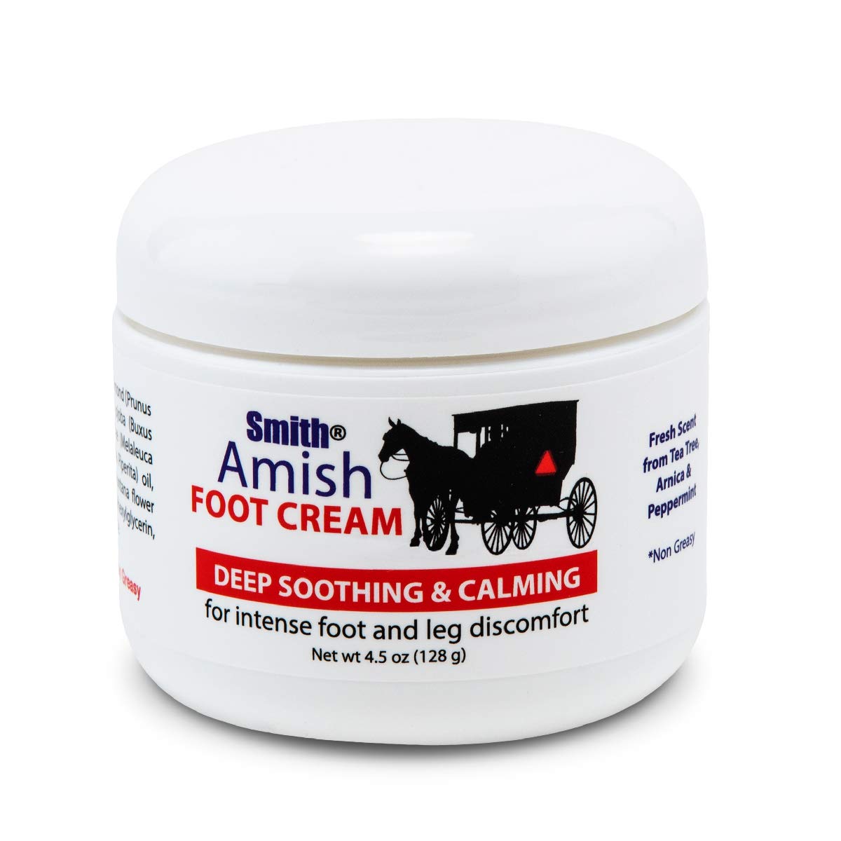 Jar of Smith's Amish Foot Cream featuring a horse and buggy logo, a deep soothing herbal cream for relief of foot and leg discomfort.