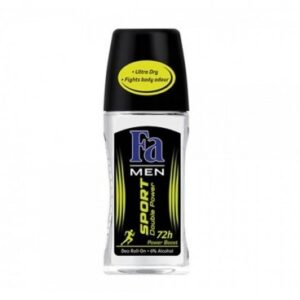 The image shows a clear glass bottle with a black cap labeled "Ultra Dry Fights body odour" on a yellow oval at the top. The product is a roll-on deodorant by Fa Men, named "Sport Double Power." The label features a black and yellow design with the text "72h Power Boost," "Deo Roll-On," and "0% Alcohol" at the bottom.