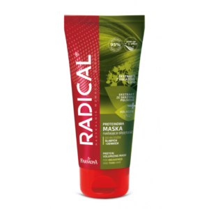 An image of the Radical brand's protein hair mask by Farmona. The product is in a red and green tube with a red flip-top cap. The front of the tube features the brand name "Radical" in bold white letters running vertically along the left side. The top part of the packaging highlights that the mask contains horsetail extract and micro wheat proteins. The bottom part of the tube states that it is a protein mask designed to strengthen and protect very damaged hair. The product information is provided in both Polish and English.