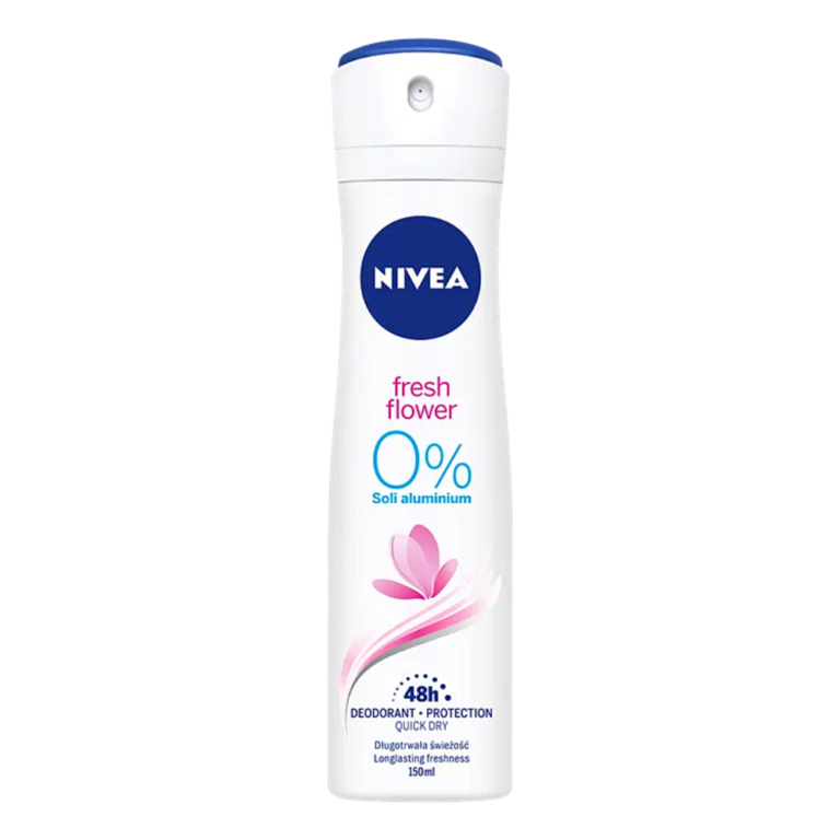 Bottle of NIVEA Fresh Flower deodorant in a white spray bottle with a pink flower design. The label highlights 0% aluminum content, 48-hour protection, and quick-dry features.