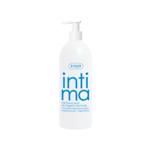 The image shows a white plastic bottle with a pump dispenser, labeled "ziaja intima." The product is described as a creamy liquid for intimate hygiene, containing lactobionic acid for regenerating and soothing purposes. The text on the bottle is in Polish.