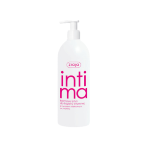 The image shows a white plastic bottle with a pump dispenser, labeled "ziaja intima." The product is described as a creamy liquid for intimate hygiene, containing lactic acid for protective purposes. The text on the bottle is in Polish.