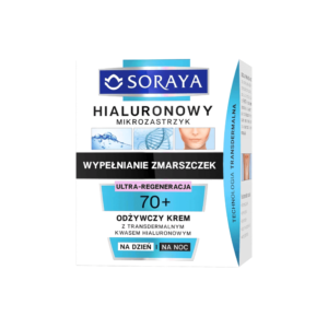 Box of Soraya Hyaluronic Microinjection anti-aging cream for ages 70 and above, labeled as Ultra-Regeneration with transdermal hyaluronic acid, suitable for day and night use.