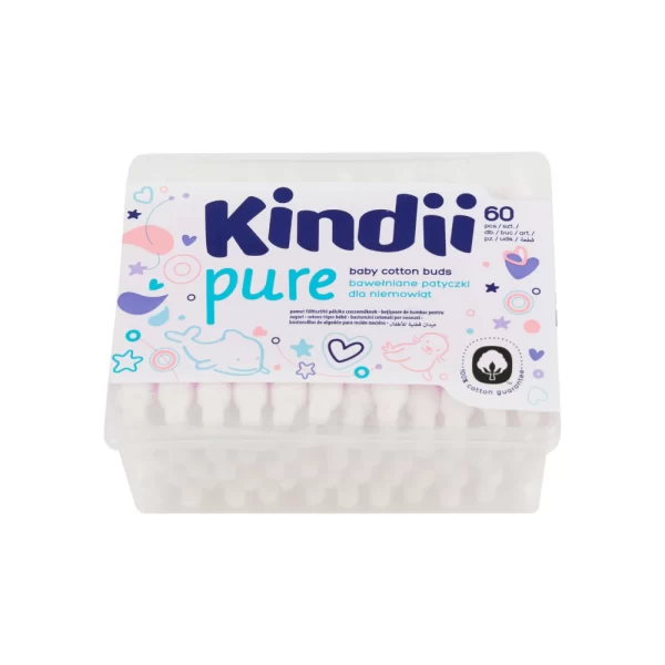 Box of 60 Kindii Pure Baby Cotton Buds, made with 100% pure cotton and biodegradable paper sticks, designed for gentle care of baby’s eye, ear, nose, and navel areas. The packaging indicates the cotton buds’ suitability for infants and their daily hygiene needs.