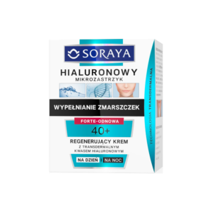 Box of Soraya Hyaluronic Microinjection wrinkle-filling cream for ages 40 and above, featuring Forte Renewal technology and transdermal hyaluronic acid for day and night use.