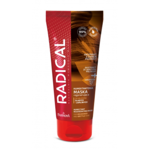 An image of the Radical brand's nourishing hair mask by Farmona. The product is in a red and brown tube with a red flip-top cap. The front of the tube features the brand name "Radical" in bold white letters running vertically along the left side. The top part of the packaging highlights that the mask contains wheat germ extract and micro wheat proteins. The bottom part of the tube states that it is a nourishing mask with ceramides, designed to prevent hair loss and regenerate damaged hair. The product information is provided in both Polish and English.