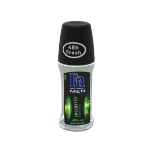 The image shows a clear glass bottle with a black cap labeled "48h Fresh" at the top. The product is a roll-on deodorant by Fa Men, named "Speedster Energizing." The label features a green and black design with the text "48h Fresh" and "Skin Friendly" at the bottom.
