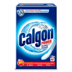 Box of Calgon Power Powder Proszek 3-in-1 with 40 doses, featuring a blue and white design. The packaging highlights protection from limescale, dirt, and odors, and shows recommendations from leading washing machine manufacturers Bosch, Siemens, and Whirlpool.