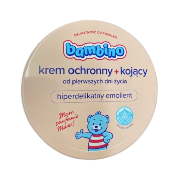 Container of Bambino protective and soothing cream featuring a cheerful blue bear, labeled in Polish, suitable from the first days of life, highlighted as a hyper-delicate emollient.