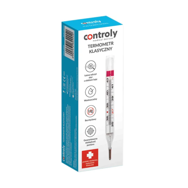 Controly Classic Mercury-Free Thermometer, a safe and environmentally friendly device for accurate body temperature measurement, featuring a liquid alloy of gallium, indium, and tin