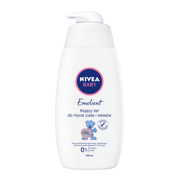 500ml bottle of Nivea Baby Emollient for Body and Hair with a pump dispenser. This gentle wash gel is specially formulated for infants and children, providing long-lasting hydration and strengthening the skin’s natural protective barrier while soothing irritations.
