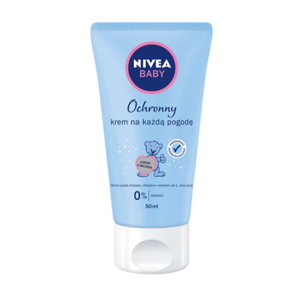 Image of a 50ml Nivea Baby Protective Cream, suitable for face and body. The cream offers 24-hour moisturization with calendula extracts, designed to strengthen the skin’s natural barrier. The product is tailored for sensitive baby skin, non-greasy, easy to absorb, free from alcohol, parabens, and colorants, and developed with dermatologists and pediatricians.