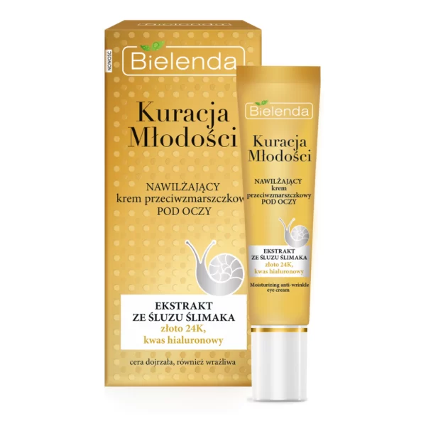 Bielenda Youth Therapy Eye Cream, a 15ml moisturizing anti-wrinkle cream, specifically designed for the delicate skin around the eyes, enriched with snail slime extract, 24 carat gold, and hyaluronic acid