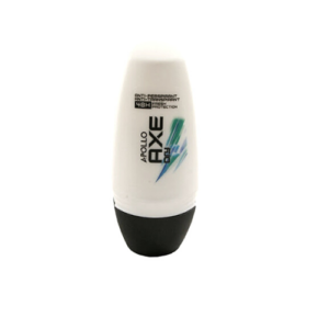 The image shows a white plastic bottle with a black cap. The product is a roll-on deodorant by AXE, named "Apollo Dry." The label features a green and blue abstract design with the text "AXE Dry Apollo," "48H High-Protection," and "Anti-Perspirant." The deodorant provides up to 48 hours of protection against sweat and odor.