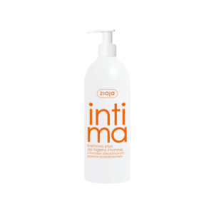 The image shows a white plastic bottle with a pump dispenser, labeled "ziaja intima." The product is described as a creamy liquid for intimate hygiene, containing ascorbic acid to help prevent irritation. The text on the bottle is in Polish.