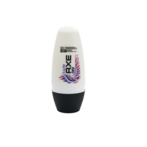 The image shows a white plastic bottle with a black cap. The product is a roll-on deodorant by AXE, named "Excite Dry." The label features a stylized red and blue feather design with the text "AXE Dry Excite," "48H High-Protection," and "Anti-Perspirant." The deodorant provides up to 48 hours of protection against sweat and odor.