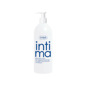 The image shows a white plastic bottle with a pump dispenser, labeled "ziaja intima." The product is described as a creamy liquid for intimate hygiene, containing hyaluronic acid for moisturizing. The text on the bottle is in Polish.