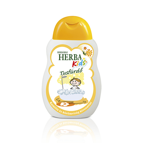 HerbaKids Shower Gel with Chamomile and Marigold Extract, 250ml bottle. Designed for children 3 years and older, the shower gel is based on a traditional herbal recipe by Herbária Zrt, ideal for gentle skin cleansing.