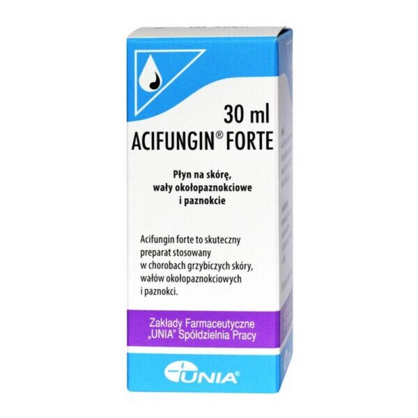 Box of Acifungin Forte antifungal solution with 30ml label for treating skin and nail fungal infections