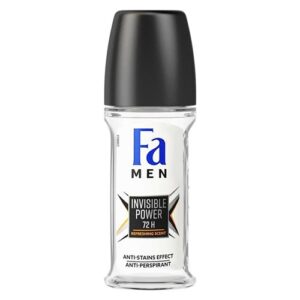 The image shows a clear glass bottle with a black cap. The product is a roll-on deodorant by Fa Men, named "Invisible Power." The label features a white background with the text "Invisible Power 72H Refreshing Scent" in the center, and "Anti-Stains Effect Anti-Perspirant" at the bottom.