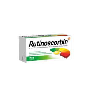 Box of Rutinoscorbin tablets, containing 25 mg of rutoside trihydrate and 100 mg of ascorbic acid (vitamin C), 210 coated tablets.