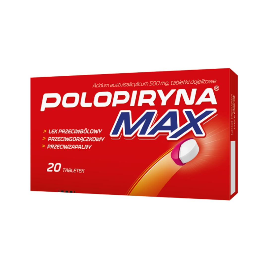 A box of Polopiryna Max, featuring a bright red and white design with bold text. The packaging prominently displays the product name 'POLOPIRYNA MAX' in large blue and white lettering. It highlights the main ingredient, acetylsalicylic acid 500 mg, and specifies that the box contains 20 tablets. The box also lists the benefits: pain relief, fever reduction, and anti-inflammatory properties. A graphic of a white and purple pill appears to be in motion, suggesting fast action.