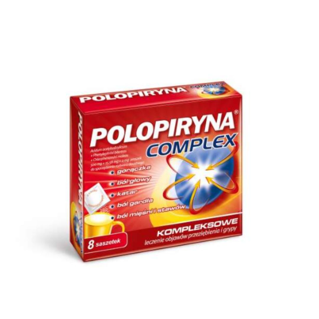 A box of Polopiryna Complex medicine, predominantly in red and yellow packaging. The front displays the product name 'Polopiryna Complex' along with a central graphic of a shining, stylized star, suggesting relief or explosion of symptoms. The box lists various symptoms it treats such as fever, headache, runny nose, throat pain, and migraine. It mentions containing '8 sachets' and is marketed for the comprehensive treatment of cold and flu symptoms. Text on the box is in Polish.