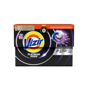 Box of Vizir Platinum Pods with Lenor Freshness for black fabrics, with 25 pods. The packaging features a black and purple design, highlighting a new carton box for reduced plastic and enhanced stain removal to restore the brightness of black fabrics.