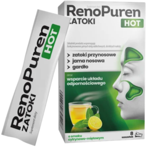 The image shows a box of RenoPuren Zatoki HOT, a medication designed to support the health of the sinuses, nasal cavity, and throat, and to boost the immune system. The packaging is predominantly white with green accents. The top of the box features the RenoPuren logo, with the "Zatoki" (sinuses) label in black and "HOT" in green. A blue label indicates that the product is sugar-free ("bez cukru"). The box lists the benefits, including support for the sinuses, nasal cavity, and throat, as well as immune system support. There is an image of a human face with highlighted sinus areas, indicating the product's targeted relief. At the bottom, the flavor is indicated as lemon-mint ("o smaku cytrynowo-miętowym"). The box contains 8 sachets. Next to the box is an individual sachet also labeled "RenoPuren Zatoki HOT bez cukru." The text on the box is in Polish.