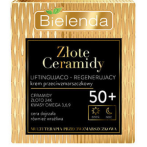 BIELENDA Golden Ceramides 50+ Cream, a 50ml lifting and regenerating cream, designed for mature skin to enhance firmness and aid skin recovery