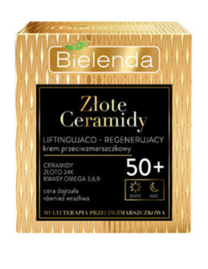 BIELENDA Golden Ceramides 50+ Cream, a 50ml lifting and regenerating cream, designed for mature skin to enhance firmness and aid skin recovery