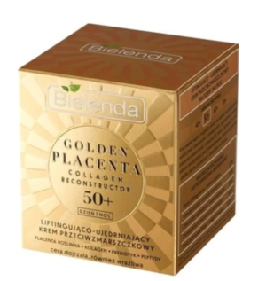Bielenda Golden Placenta 50+ Face Cream, a day and night cream in a 50ml container, designed for lifting, firming, and anti-wrinkle care for mature skin.”
