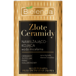 Bielenda Golden Ceramides Micellar Water, 500ml bottle, for removing makeup and cleansing mature or sensitive skin, enriched with ceramides, 24k gold, and hyaluronic acid for deep hydration and soothing effects.