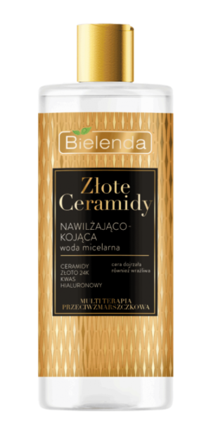 Bielenda Golden Ceramides Micellar Water, 500ml bottle, for removing makeup and cleansing mature or sensitive skin, enriched with ceramides, 24k gold, and hyaluronic acid for deep hydration and soothing effects.