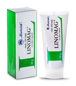 Image of a Linomag ointment tube and its packaging box. The packaging is green and white with the Linomag logo in green and the product name 'Linomag' prominently displayed. The tube matches the box in color and design, stating it contains 'ointment 200 mg/g' and has a net weight of 30g.