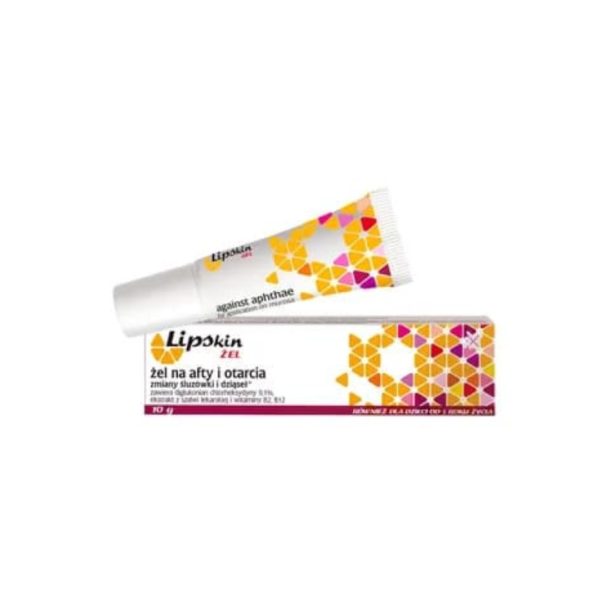 Lipskin Gel tube and box with colorful geometric design for treatment of canker sores and abrasions.